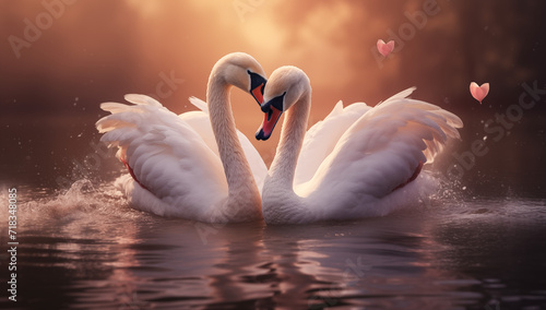 Fototapeta Naklejka Na Ścianę i Meble -  Two flamingos that face each other to make a heart shape, romantic sunset background for valentine day / anniversary - flamingo valentine 