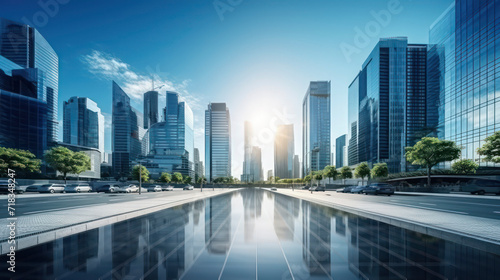 Night cityscape with modern glass buildings, lighted windows casting reflections on the road