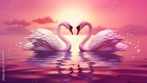 Fototapeta Naklejka Na Ścianę i Meble -  Two flamingos that face each other to make a heart shape, romantic sunset background for valentine day / anniversary - flamingo valentine 