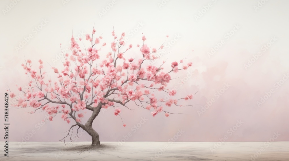  a painting of a tree with pink flowers in the foreground and a foggy sky in the back ground.