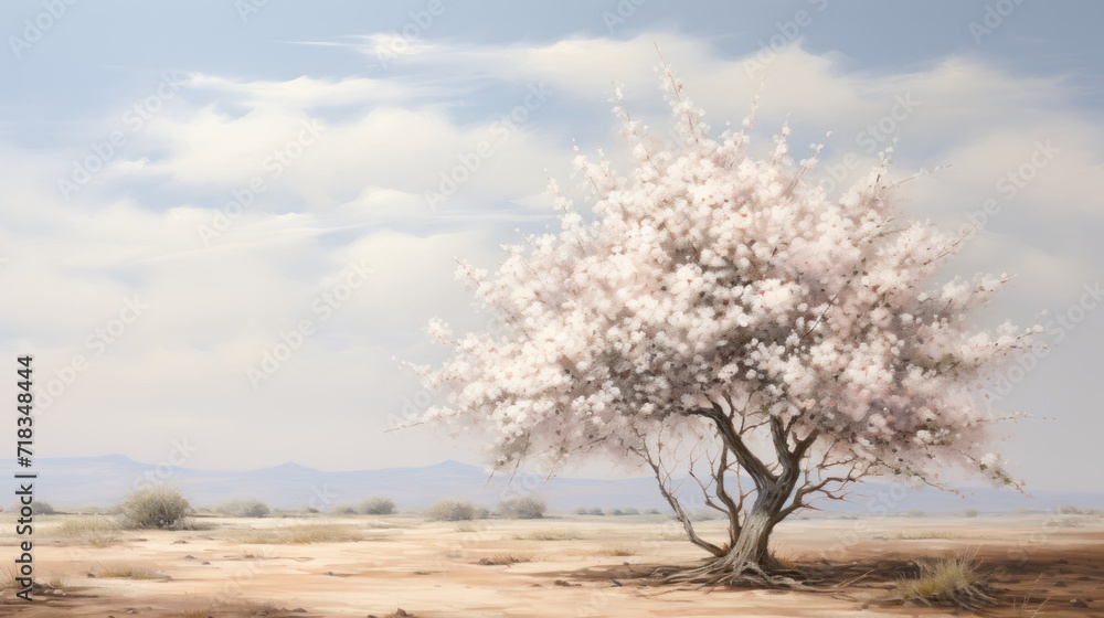  a painting of a tree in the middle of a desert with mountains in the distance and clouds in the sky.