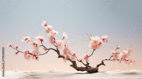  a bonsai tree with pink flowers in a desert landscape with a blue sky in the backgrounnd.