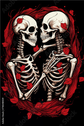 two skeletons in love hugging each other on the background of a pink heart with red roses, Valentine's Day postcard, Valentine's Day card, generative AI