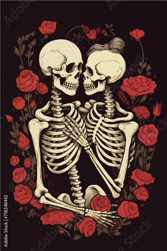 two skeletons in love hugging each other on the background of a pink heart with red roses, Valentine's Day postcard, Valentine's Day card, generative AI