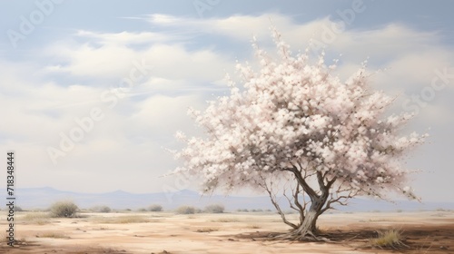  a painting of a tree in the middle of a desert with mountains in the distance and clouds in the sky.