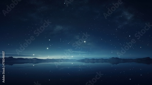  a body of water with a sky full of stars in the sky and a mountain range in the back ground.