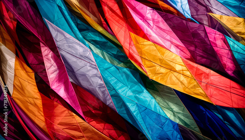 close-up of a colorful arrangement of fabric potentially curtains in a rainbow of colors