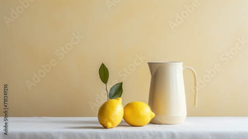  two lemons sitting on a table next to a white pitcher and a green leaf on a white tablecloth.