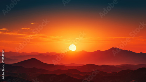 An astrophotography image captures the sun setting behind distant mountains, with warm colors filling the sky, emphasizing impeccable clarity and detail