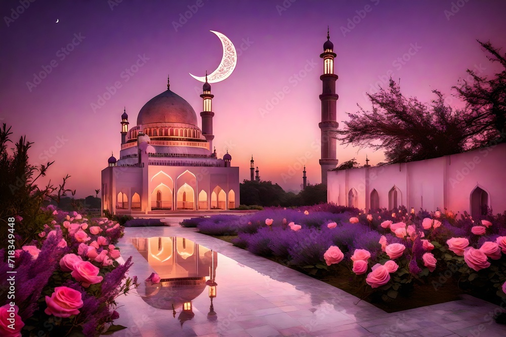 a pink mosque surrounded by beautiful view - obrazy, fototapety, plakaty 