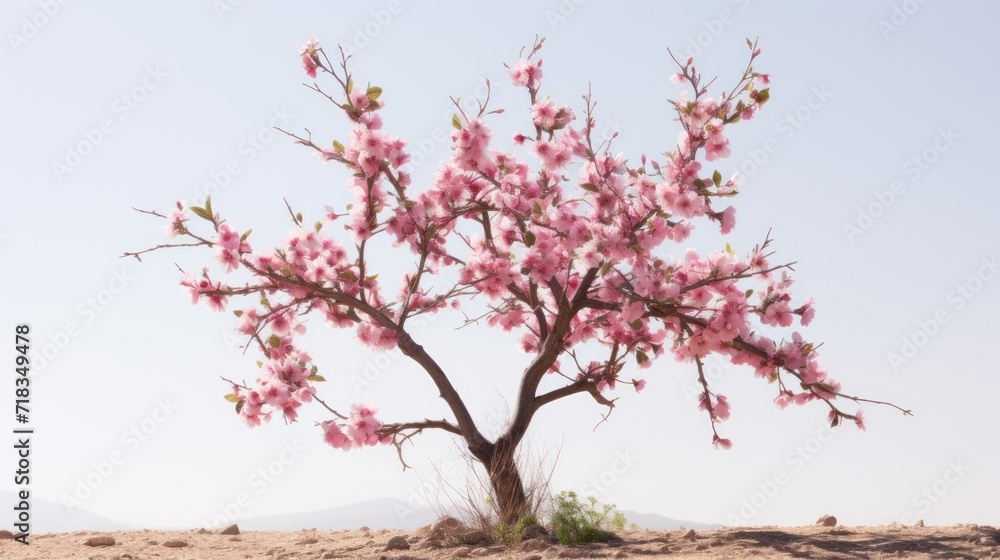 a pink flowered tree in the middle of a sandy area with a blue sky in the backround. a pink flowered tree in the middle of a sandy area with a blue sky in the backround.