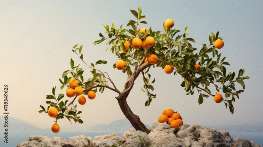  a tree filled with lots of oranges growing on top of a rocky cliff next to a body of water.