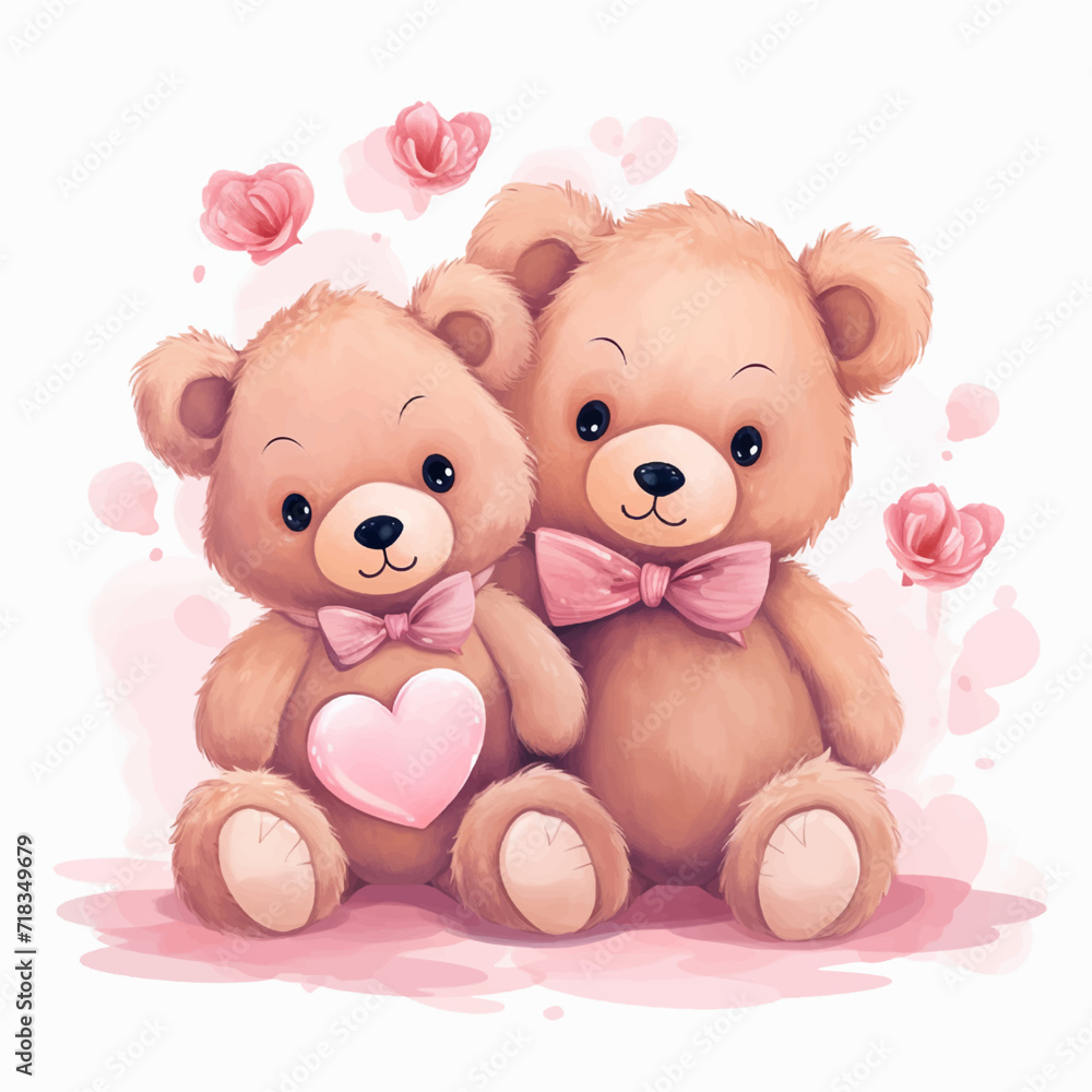 two cute little teddy bears with pink hearts, for valentine's day postcard, valentine's day card, generative AI two cute little teddy bears with pink hearts, for valentine's day postcard, valentine's day card, generative AI