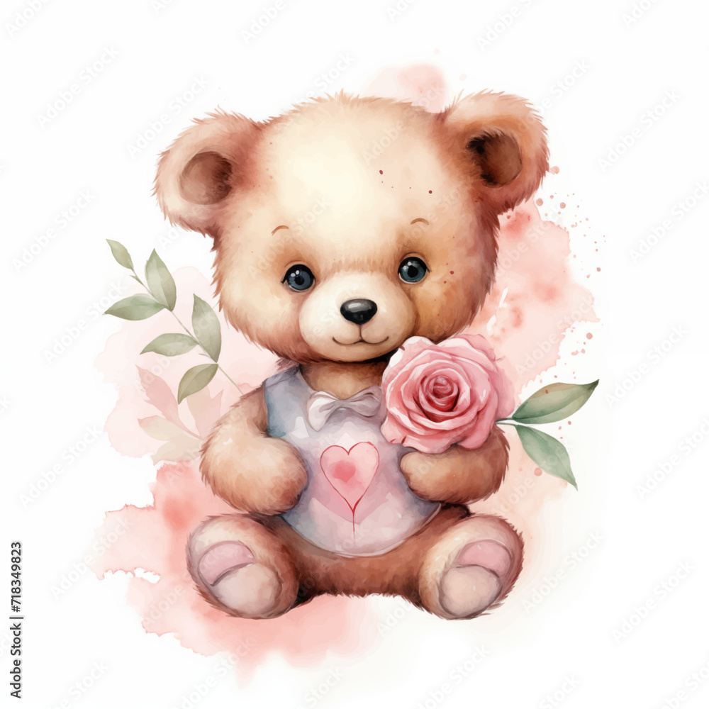 Obraz premium cute little teddy bear holding a pink rose for valentine's day postcard, valentine's day card, generative AI