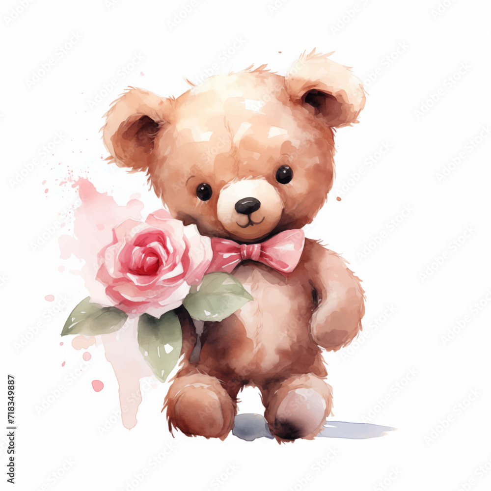 cute little teddy bear holding a pink rose for valentine's day postcard, valentine's day card, generative AI cute little teddy bear holding a pink rose for valentine's day postcard, valentine's day card, generative AI