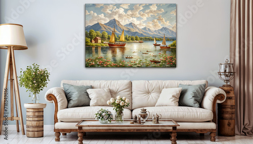 Foto a light blue wall above a white couch A coffee table with a vase of roses sits i