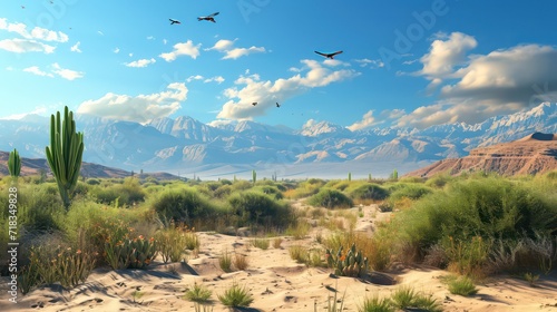Artistic concept of painting a beautiful landscape of wild desert nature, background illustration, tender and dreamy design.