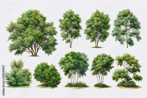 oil painted green trees and bushes isolated on white background, forest collection, perfect for cards