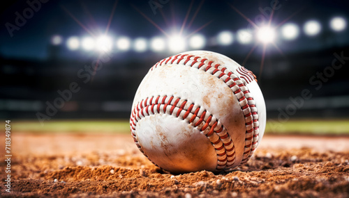 close up of a baseball ball sitting on stadium ground 