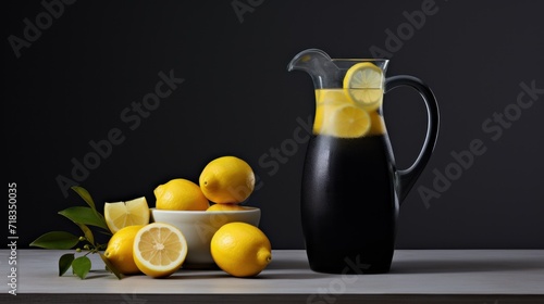  a pitcher of lemon juice next to a bowl of lemons and a bowl of lemons on a table.