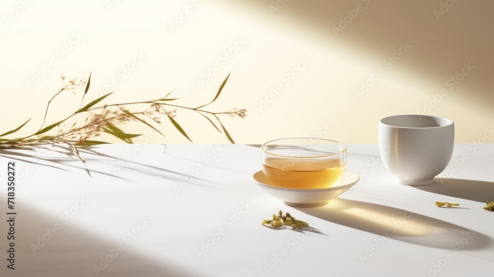 a cup of tea sitting on top of a white table next to a white vase with a plant in it. a cup of tea sitting on top of a white table next to a white vase with a plant in it.