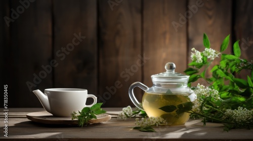  a glass teapot filled with green tea next to a cup of tea and a plate with flowers on it.