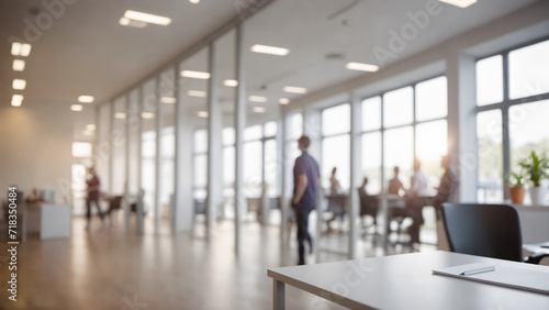 Blurred image of people in an office, city view through the window, soft focus, art labor council