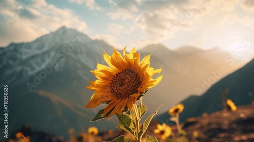  a sunflower stands in the foreground of a mountain range  with the sun shining on the top of the mountain.