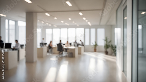 Blurred image of people in an office, city view through the window, soft focus, art labor council © Oleg