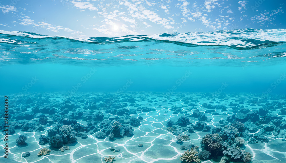 Fototapeta premium split view of the ocean with the underwater view showing coral reefs and sandy sea floor