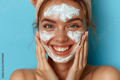 Smiling young woman applying facial skincare cream with foamy face against vibrant blue background, displaying healthy skin