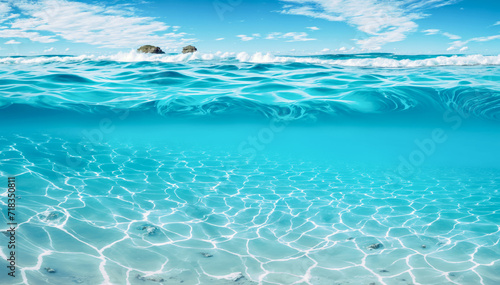 split view of the ocean with the underwater view showing a sandy sea bottom and the sky and waves