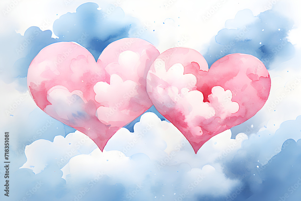 Abstract watercolor background with two pink hearts on blue cloudy sky. Love, Valentine day, wedding concept. Romantic backdrop with copy space for design greeting card, print, poster