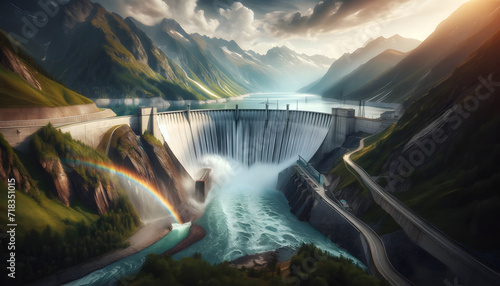 Hydroelectric Power in Nature: Majestic Dam with Rainbow in Mountainous Landscape photo