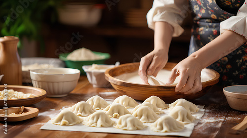 
woman preparing dumplings dough on wooden table in close up