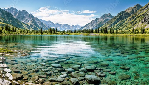 large lake surrounded by mountains and greenery with clear turquoise color water
