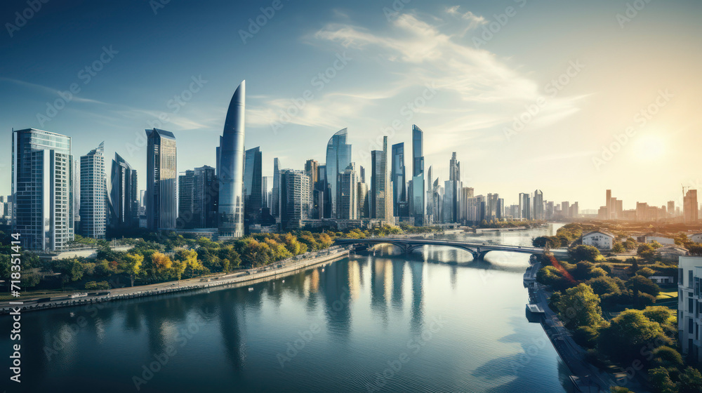 Skyline of the future: city skyscrapers intertwined with greenery and water