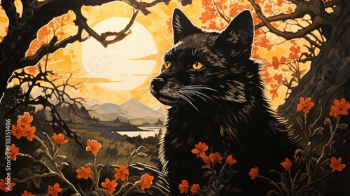  a painting of a black cat sitting in a field of flowers with the sun setting in the distance behind it.