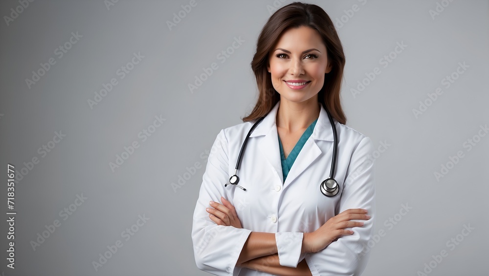 Female doctor in her thirties standing in isolated background, portrait studio shot Female doctor in her thirties standing in isolated background, portrait studio shot