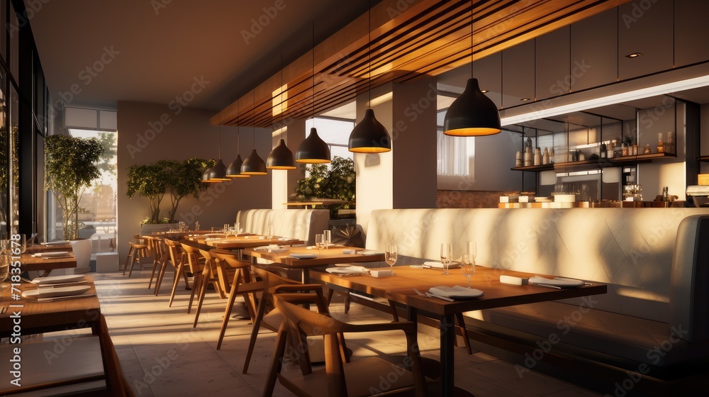 interior of a modern cafe and restaurant. Lighting highlights key features and textures of an interior design, providing a realistic presentation.