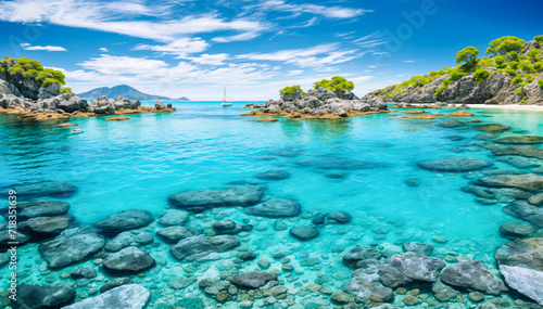 a crystal-clear blue lagoon with rocks and boats floating on the surface