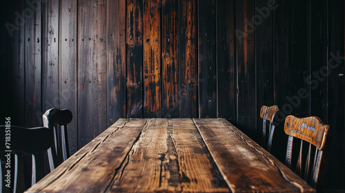 wooden table and dark wooden wall. Ai Generative
