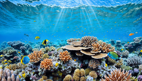 A colorful coral reef with various types of coral and fish swimming around all under the ocean