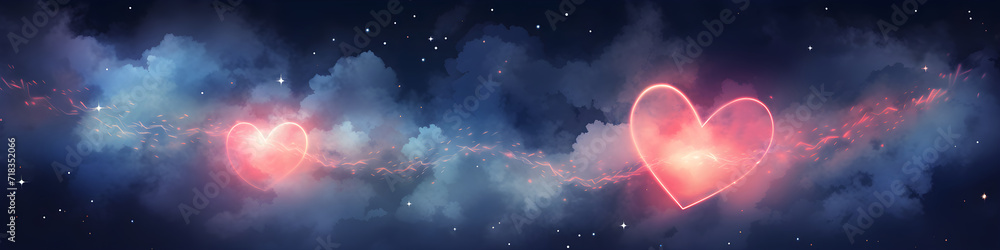 Two red shining hearts on cloudy night sky with stars. Love, Valentine's day, wedding concept. Romantic background for design greeting card, print, poster, banner