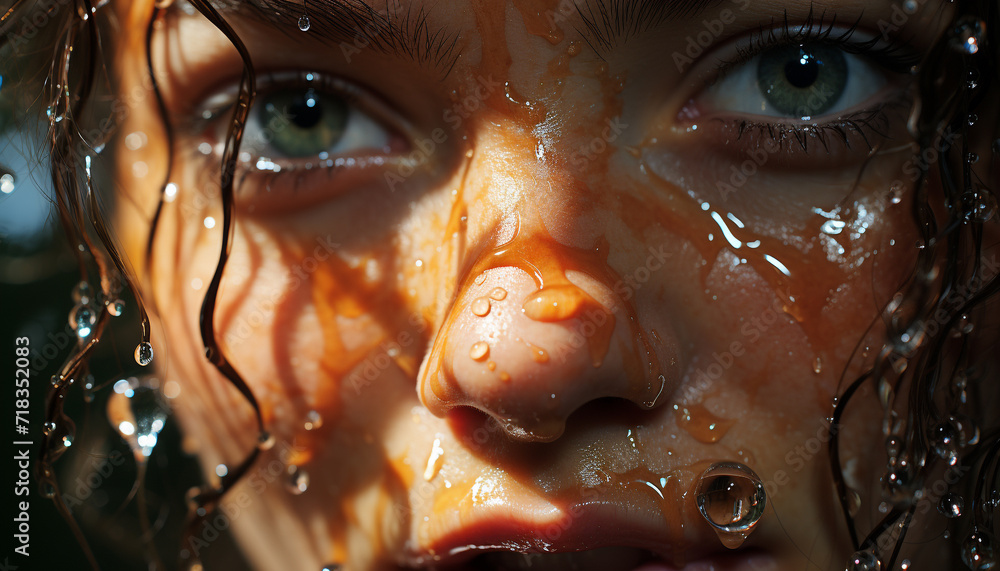 Smiling girl enjoys refreshing water in the rain generated by AI Smiling girl enjoys refreshing water in the rain generated by AI