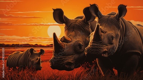  a painting of a rhino and a rhinoceros in a field with the sun setting in the back ground.