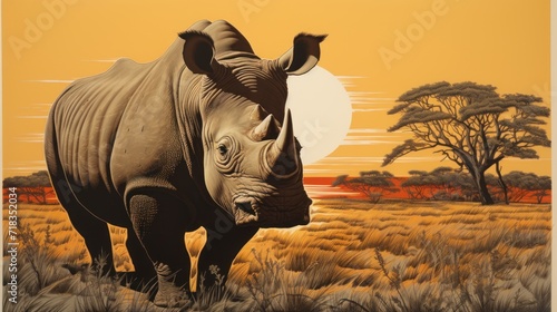  a painting of a rhino standing in a field with trees in the background and a sun setting in the sky. photo