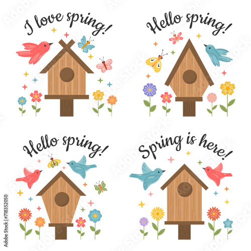 Hello Spring set with Spring birdhouse, bird, butterfly, flowers. Spring quotes. I love spring collection of cards, posters, tags isolated on white. Colorful illustration in cartoon hand drawn style.