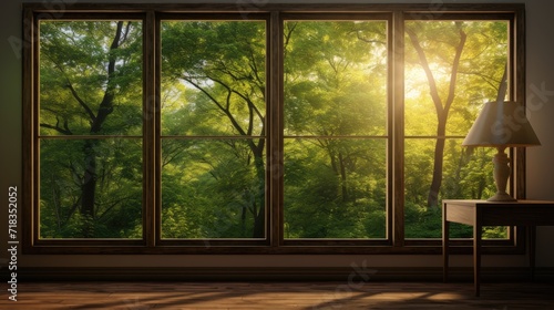 Wooden window overlooking the forest. Sunlight provides warm and subtle lighting that brings out the vibrant green tones of the leaves to maintain a realistic and cozy ambiance.