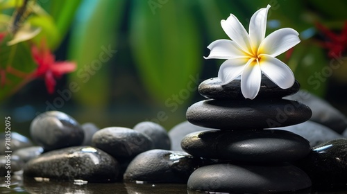  a white flower sitting on top of a pile of black rocks next to a red and white flower on top of a green leafy plant.